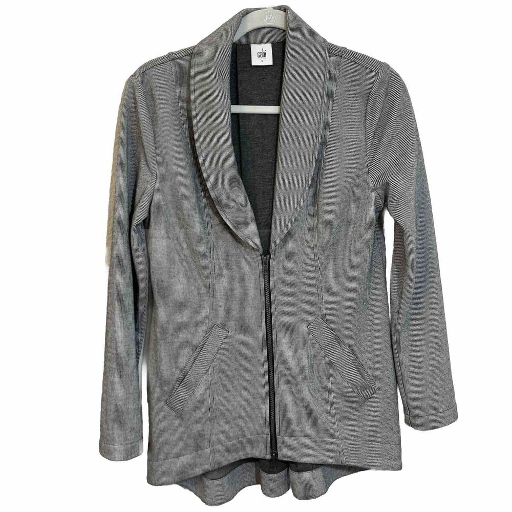 Cabi Women's Drop Off Zip Back Gray Pinstripe Jacket Size Small Long Sleeve